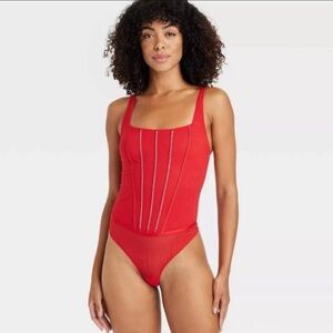 Auden™ Rhinestone Lingerie Bodysuit - Red : Nylon Spandex Mesh, Sheer NWT